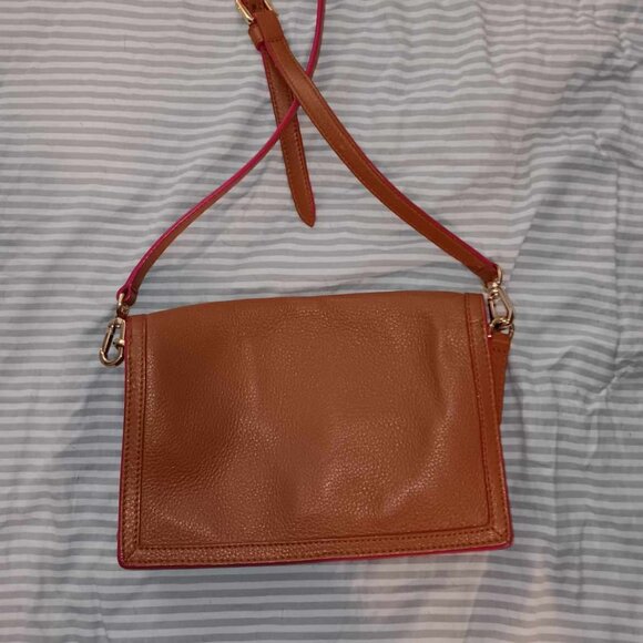 Tory Burch Tan Crossbody Purse w/ Pink Trim - Picture 3 of 4